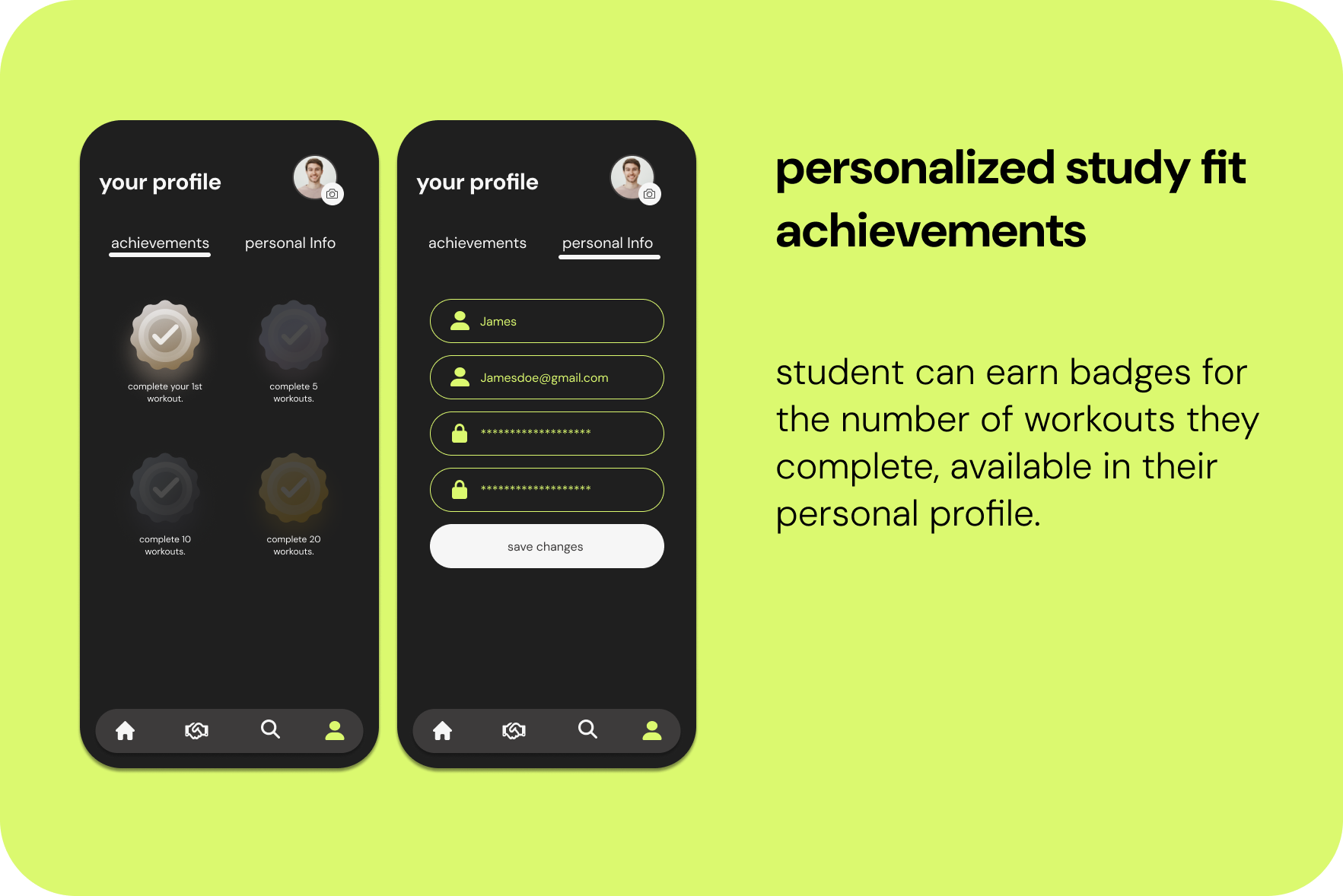 personal profile with study fit badges and personal info changes